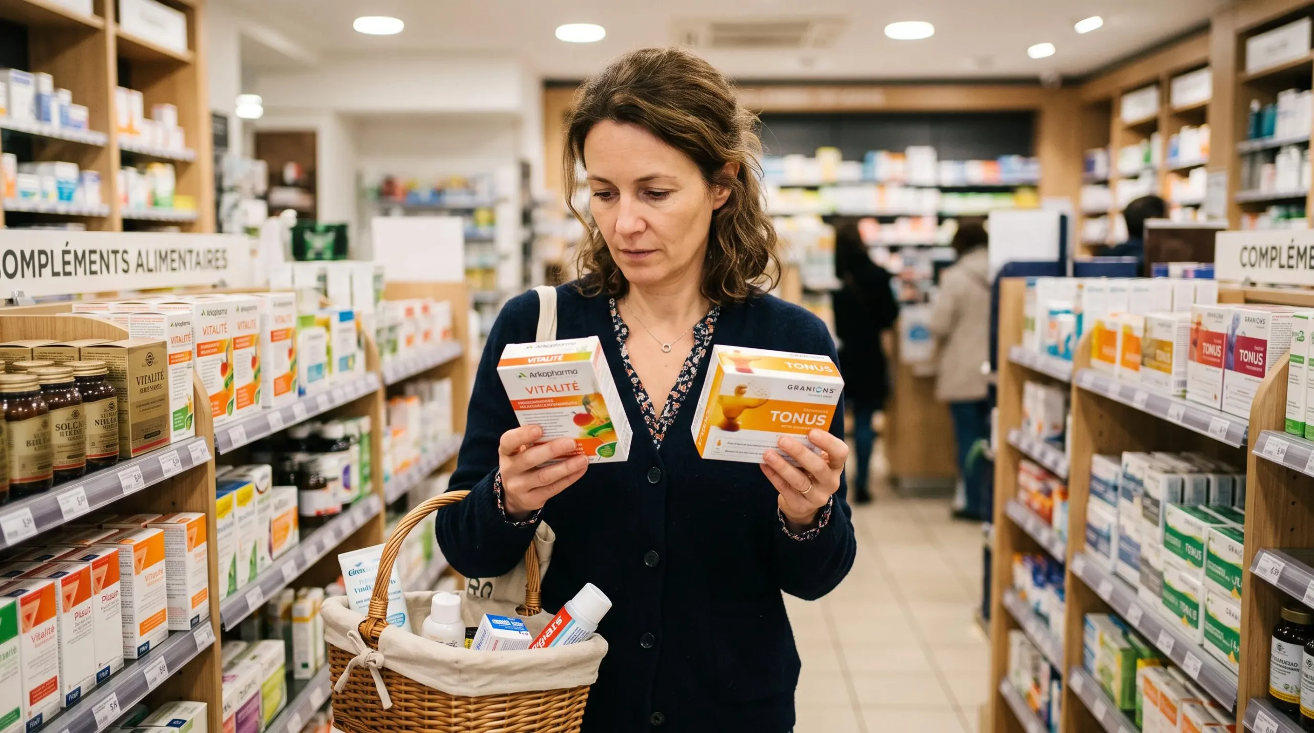 Une femme compare deux boîtes de compléments dans un rayon de pharmacie.