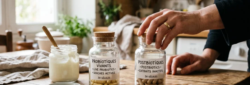 Deux pots de compléments posés côte à côte comparés par une main dans une cuisine.